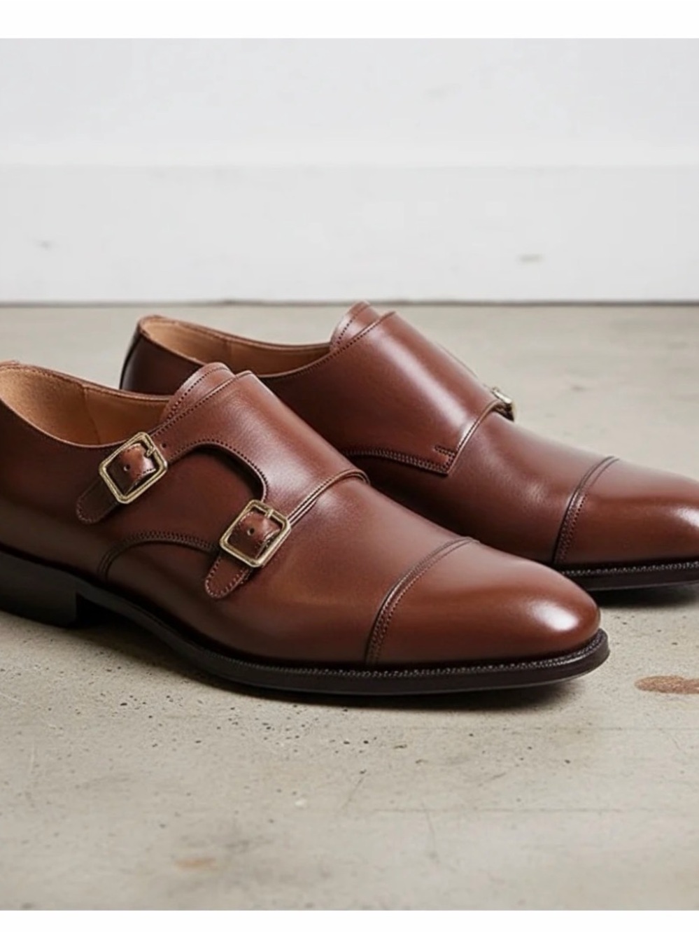 Men's Brown Cap-Toe Leather Double Monk Strap Shoes — Balcombe